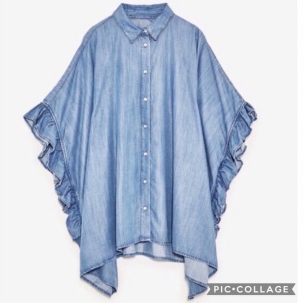 Zara Blue Denim Ruffled Button-Up Top - Picture 3 of 8